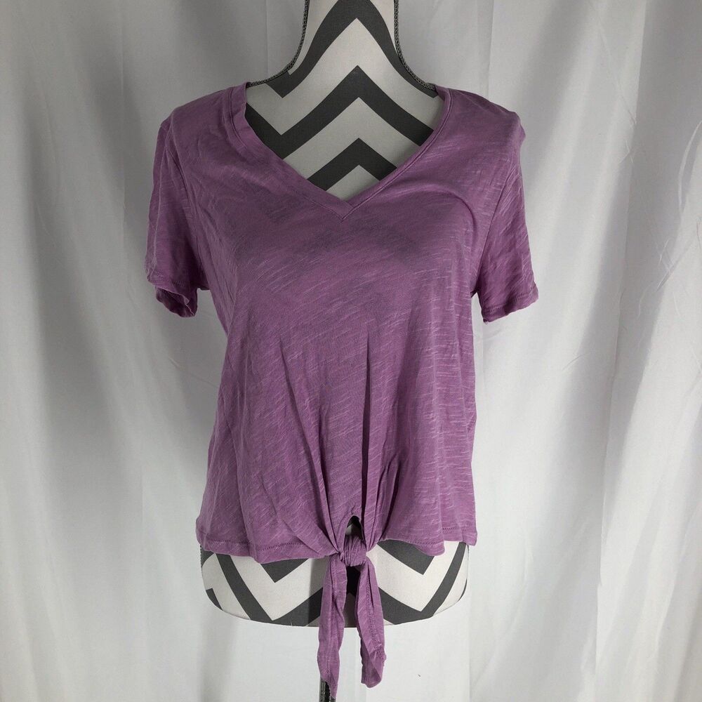 Lush Tie Front V Neck Tee Small Smoky Grape